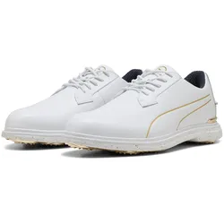 Golfschuh PUMA "PUMA Royale Players Golfschuhe Herren", Gr. 44, weiß deep navy old gold blau gelb, Obermaterial: Textil, Kuhleder; Futter: Textil, Synthetik, Kuhleder; Innensohle: Kuhleder; Laufsohle: Synthetik, Schuhe