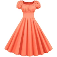 VEMOW Damen Kleid Sommer Square Neck Kurzarm Retro 50er Jahre 60er Jahre Vintage Party Swing Kleid Sommerkleider Einfarbig Rockabilly Lose Casual Gerafft Dress(Orange,M) - M