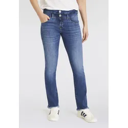Bootcut-Jeans HERRLICHER "Jeans Baby Cropped Org Dnm", Damen, Gr. 28, N-Gr, blau (timeless), Denim/Jeans, Obermaterial: 97% Baumwolle, 3% Elasthan, casual, 7/8-Länge, Jeans, in cropped Länge mit ausgefranstem Saum
