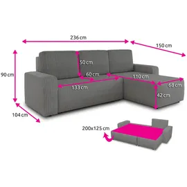 Sofnet Eckcouch Cord 5-Sitzer Grau