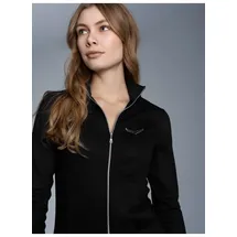 TRIGEMA Sweatjacke "TRIGEMA Jacke mit Kristallsteinen", Damen, Gr. XS, schwarz, Single Jersey, 95% Baumwolle, 5% Elastan, lang, ohne Ausschnitt, Sweatjacken Sweatjacke