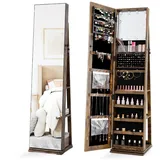 COSTWAY Schmuckschrank mit Ganzkörperspiegel, LED, Regal, drehbar, 3-in-1 braun