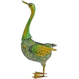 Harms Import Solar Tiere Ente Gartenskulptur für Außen groß Gartendeko Figur, Metall grün gelb, 3x LED 3800k, Lxh 40x63 cm