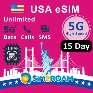 USA Prepaid eSIM-Karte|Unbegrenzte 5G/4G-Daten in den USA (einschließlich Hawaii)+Low-Speed-Daten in Kanada und Mexiko|Unbegrenzte Anrufe und SMS zwischen den USA, CA und MX|Wiederaufladbar (15 Tage)
