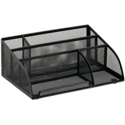 Relaxdays Schreibtischorganizer 5 Ablagen, kleiner Büroorganizer, Metallgeflecht, Stifteköcher, Briefablage, schwarz