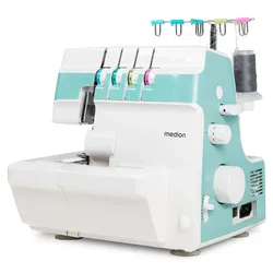 MEDION Overlock-Nähmaschine "MD 19169, Teleskopfadenführung, Zubehör- Fach", blau (türkis), B:31cm H:32cm T:31cm, Nähmaschinen, 4 Fäden gleichzeitig, Nähen mit 2 Nadeln, Einstellbare Fadenspannung