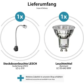 ledscom.de Steckdosenlampe LESCH Leselampe Schwanenhals, Schalter, chrom/schwarz + LED Lampe 227lm warm-weiß