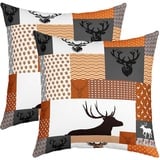 Niedlich Hirsch Kissenbezüge 40x40cm 2er Set Kissenbezüge Weicher Kinder Hirsch Jagd Dekorative Sofakissen Couchkissen Geweih Kissenbezug Kissenhülle Pliad Grid Orange Dekokissens Zimmer Dekor