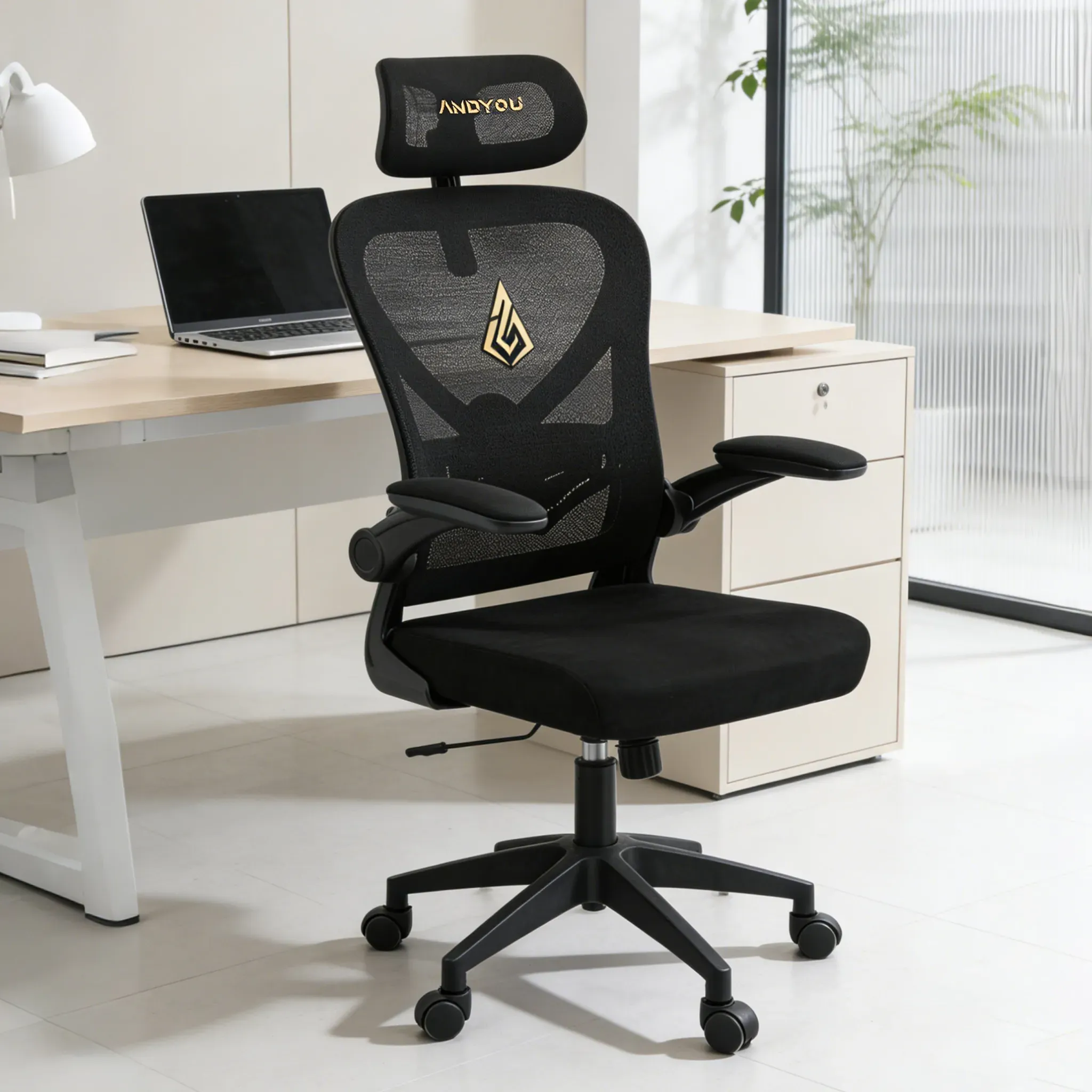ANDYOU Faux Fur+ Mesh Office Chair , rotating rocker function, Black