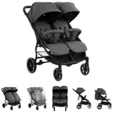 Kikkaboo Geschwisterwagen Zwillingskinderwagen Happy 2, faltbar, Regenschutz, Fußsack, gefedert grau