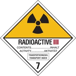 Gefahrzettel, Gefahrgutklasse 7C - Radioaktive Stoffe Kategorie III - GELB - 150x150 mm Folie selbstklebend