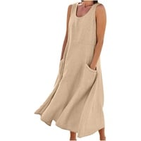 AACH Leinenkleid Damen Sommer Kleid Knielang Freizeitkleid Baumwolle Leinen Strandkleid U-Ausschnitt Sommerkleid Ärmelloses Boho Leinenkleider Einfarbig Strandkleider mit Taschen Kleider - XXL