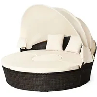 COSTWAY Sonneninsel mit einziehbarem Dach, outdoor, Gatrenlounge Rattan, Kissen, rund weiß
