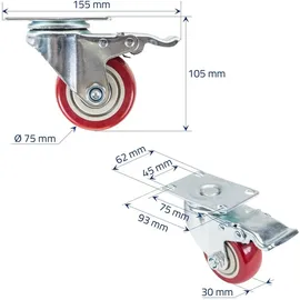 HMF 6710 Schwerlastrollen mit Bremse aus Polyurethan 4 Stück, 75 mm, bis 400 kg, Rot