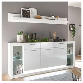 Lomadox Modernes Design Sideboard & Wandboard Set MAILAND-61 in Hochglanz weiß inkl. LED-Beleuchtung, B/H/T: 198/123/43cm