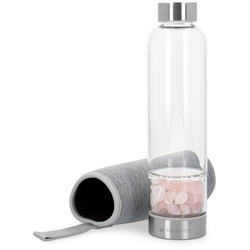 Navaris Trinkflasche, Wasserflasche mit Rosenquarz und Neoprenhülle 420ml - Edelsteine Trinkflasche mit Hülle - Kristall Flasche Glasflasche Wasser Heilsteine weiß