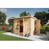 KARIBU Gartenhaus 19 mm Multi Pultdach mit Schrank und Anbaudach naturbelassen inkl. Fußboden & Dacheindeckung