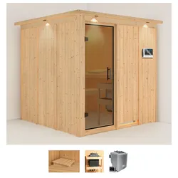 Sauna KARIBU "Rodin", beige (naturbelassen), Bio-Kombiofen, externe Steuerung, 9 kW, Saunen, 9-kW-Bio-Ofen mit externer Steuerung