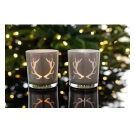 Edzard 2er-Set Teelichtglas Ati (Höhe 8 cm, grau, Geweih-Motiv