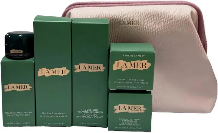 LA MER Reise-Pflegeset (The Essence Foaming Cleanser 30 ml + The Hydrating Infused Emulsion 5 ml + Crème de la Mer 7 ml + The Concentrated Recovery Cream 7 ml + The Treatment Lotion 15 ml + The Eye Concentrate 3 ml, mit pinkfarbenem Kosmetiktäschchen)