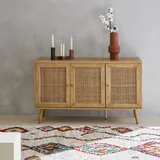 sweeek Sideboard mit Rattangeflecht 120 x 39 x 70 cm - 2 Ebenen - 3 Türen - Skandinavische Zirkelbeine - Bohème