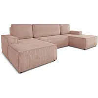 Wohnlandschaft mit Schlaffunktion Totti - U-Form Couch, Schlafsofa mit Bettkasten, Couchgranitur mit Bettfunktion, Big Sofa, Cord Stoff, Wohnzimmer (Rosa (Poso 052))