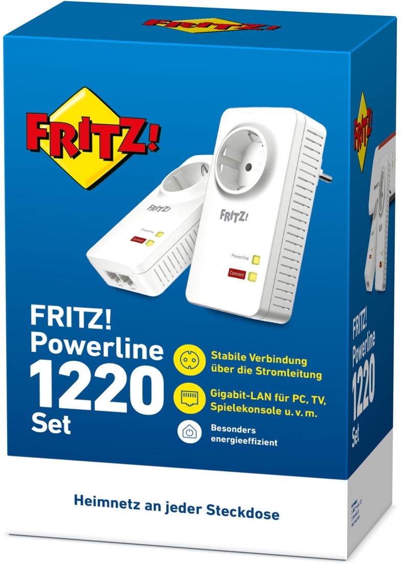 AVM FRITZ!Powerline 1220 Set 2x Adapter, bis zu 1.200 MBit/s, 2x Gigabit LAN, Integrierte Steckdose