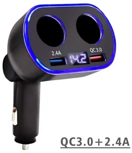 Universeller Zigarettenanzünder-Adapter mit 2 Steckdosen und Voltmeter 12V - 24V