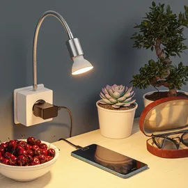 ledscom.de Steckdosenlampe LESCH Leselampe, chrom/weiß inkl. GU10 LED Lampe 7W, 630lm, weiß