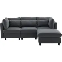 SOFTWEARY Ecksofa mit Hocker, Zier- und Armlehnenkissen, L-Form, Leinen, Wohnzimmersofa - Grau