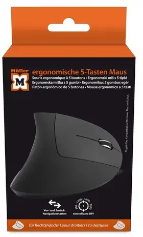 Müller ergonomische 5-Tasten Maus mit optischem Sensor für Rechtshänder, kabelgebunden, schwarz