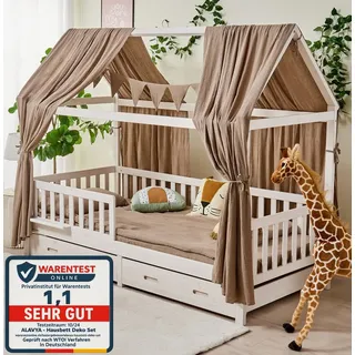 ALAVYA HOME ALAVYA HOME® 3-TLG Hausbett Deko Set mit 2 Stück Betthimmel I 1 Stück Wimpelkette 300cm cm lang für Kinderbett Kinderzimmer I 100% Bio-Musselin Baumwolle I GOTS-Zertifiziert I 125 x 350 cm I Braun