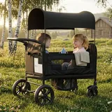 Bollerwagen Für 2 Kinder Faltbar Mit Sonnendach Gepolsterter Griff 5 Punkt Gurt Tablett Kompakt Für Ausflug Alltag Reisen (Black + Fabric+Metal)