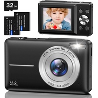 Digitalkamera Fotokamera mit 32GB Karte, 1080P FHD 44MP Kinder Kamera 2,4 '' LCD 16X Digital Zoom Kompaktkamera, Tragbare Fotoapparat mit 2 Akku, Kamera für Kinder, Teenager, Anfänger (Schwarz)