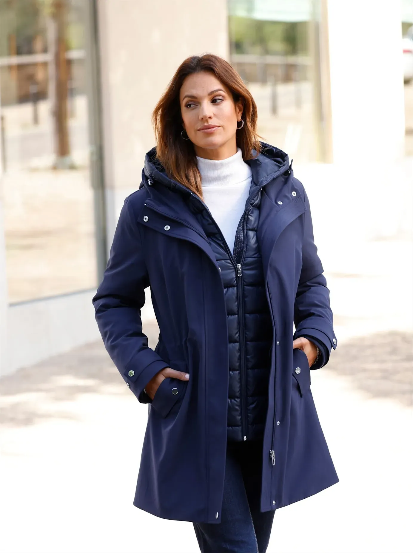 Doppeljacke INSPIRATIONEN, Damen, Gr. 36, blau (marine), 93% Polyester, 7% Elasthan, Innenjacke:100% Polyester, Wattierung:100% Polyester, unifarben, Jacken