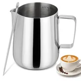 KITDAHOM 350ml Handheld Edelstahl Milchschaumkännchen mit Skala - Sahnespender edelstahl - Inklusive Latte-Art-Nadel, Geeignet für Baristas zur Zubereitung von Cappuccino, Latte und Espresso (Silber)