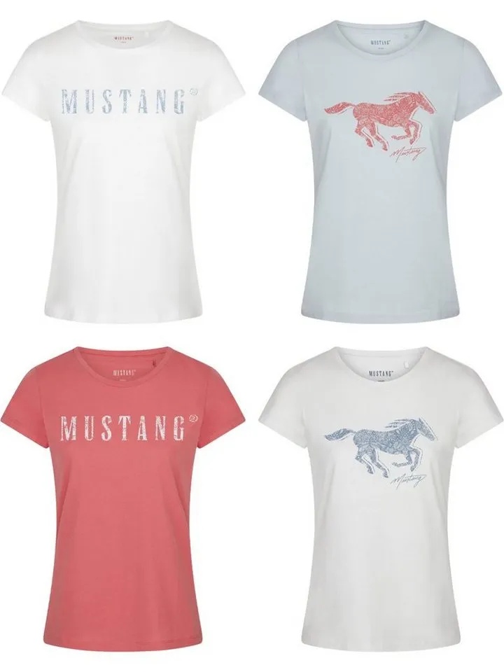 MUSTANG T-Shirt Damen Logo Printshirt Alexia C Logo Slim Fit (4-tlg) Basic Kurzarm Tee Shirt mit Rundhalsausschnitt aus 100% Baumwolle bunt XXL