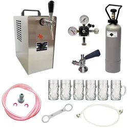 Komplett Set - Zapfanlage JET 30 Bierkoffer, Durchlaufkühler 1-leitig Trockenkühler, bis zu 35 Liter/h, inkl. Biergläser ISAR 0,3 Liter 6 Stk., Zapfkopf:ohne