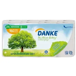 Danke Toilettenpapier, 3-lagig, ohne Bleichmittel, Sanftes Klopapier aus 100% Recyclingpapier, 1 Packung = 16 Rollen à 150 Blatt