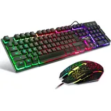 BAKTH Gaming Tastatur und Maus Set, LED Hintergrundbeleuchtung QWERTY US Layout, Regenbogen Farben Beleuchtete USB Wasserdicht Tastatur und Maus mit 2400 DPI für Pro PC Gamer
