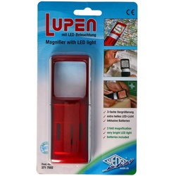 Lupe mit LED-Beleuchtung und 3fach Vergrösserung Farbe Rot, in Blisterverpackung