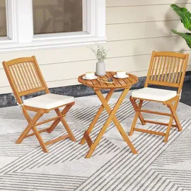 Goplus 3tlg. Gartenmöbel Set Akazienholz klappbar Rundtisch 2 Stühlen Kissen Beige - Beige