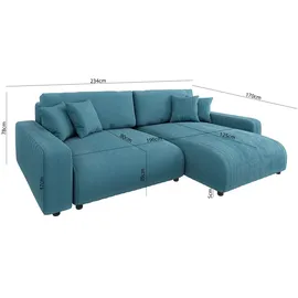 s-style möbel - Emma Ecksofa mit Schlaffunktion und Bettkasten in Cord-Stoff schöner Sitzkomfort, Ottomane rechts, B/T/H: 234 cm / 170 cm / 78 cm - Türkis