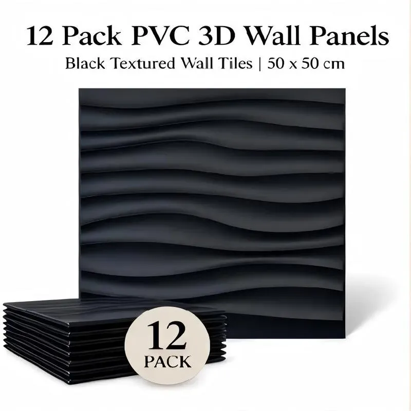 12er-Pack PVC-Wandpaneele für Innenwanddekoration, schwarze strukturierte 3D-Wandfliesen, 50x50cm