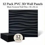 12er-Pack PVC-Wandpaneele für Innenwanddekoration, schwarze strukturierte 3D-Wandfliesen, 50x50cm
