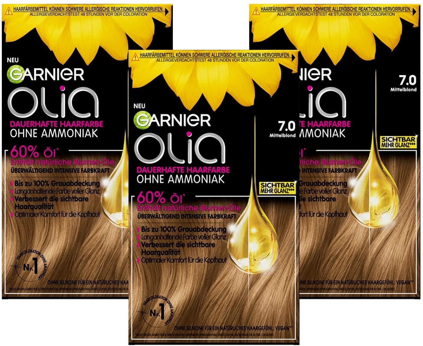 Garnier Olia Dauerhafte Haarfarbe ohne Ammoniak, Mit pflegenden und natürlichen Ölen Mittelblond 3 St