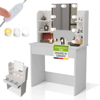 Juskys Schminktisch Zoey mit LED-Beleuchtung & Stauraum, moderne Oberfläche mit Schublade – Weiß