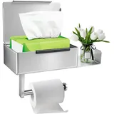 Toilettenpapierhalter ohne Bohren, Wc Papier Halterung mit Feuchttücherbox & Ablage, Edelstahl Klopapierhalter, Selbstklebend oder Bohren, Klorollenhalter für Badezimmer (Silber)