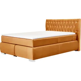 LEONIQUE Boxspringbett LEONIQUE "Rumba", gold (goldfarben), B:150cm L:213cm, Samtoptik (100% Polyester), Komplettbetten, Boxspringbett Seniorenbett Polsterbett, Taschenfederkern-Matratze in Härtegrad 3, in 4 Breiten, incl. Topper
