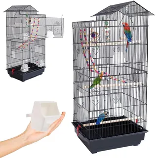 BAKAJI Volierenkäfig für Vögel, unzertrennliche Papageien, Nymphensittiche, Wellensittiche, Vögel, aus Metall und schwarzem Holz, mit Spielzeug, Zubehör, Käfig mit Leiter und abnehmbarem Becken
